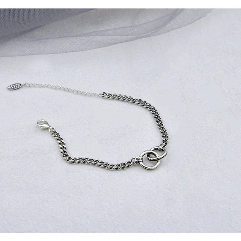 925 Sterling Silver Double Circle Chain Bracelet - Picture 7 of 8